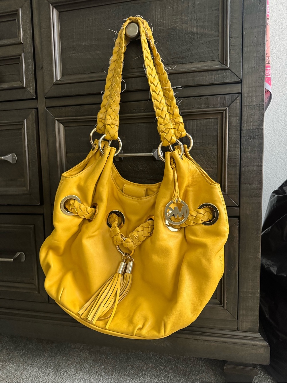 Michael Kors Mustard Yellow Braided-Handle Hobo Shoulder Bag